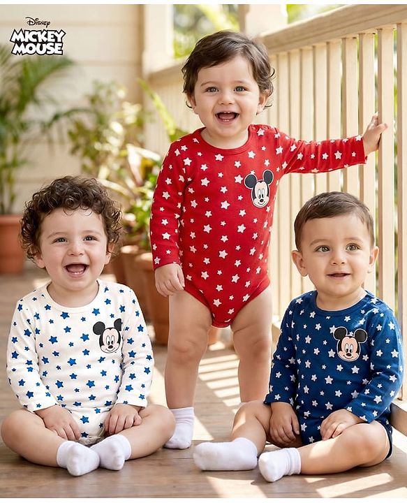 Babyhug Disney Interlock Knit Full Sleeves Onesies With Mickey Mouse Graphics Pack of 3 - Red White & Navy Blue