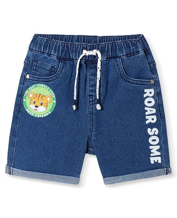 Babyhug Mid Thigh Length Washed & Stretchable Denim Shorts With Animal Print Detailing - Blue