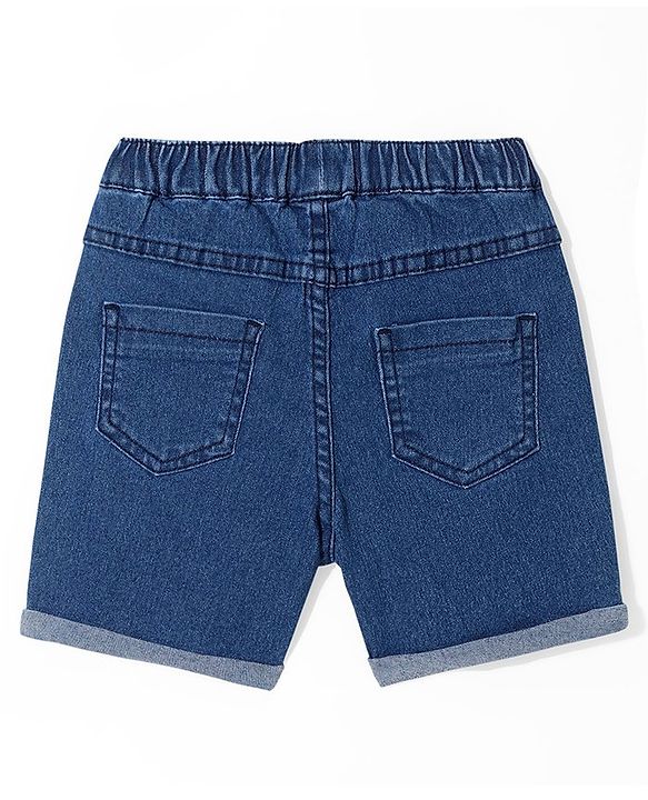 Babyhug Mid Thigh Length Washed & Stretchable Denim Shorts With Animal Print Detailing - Blue