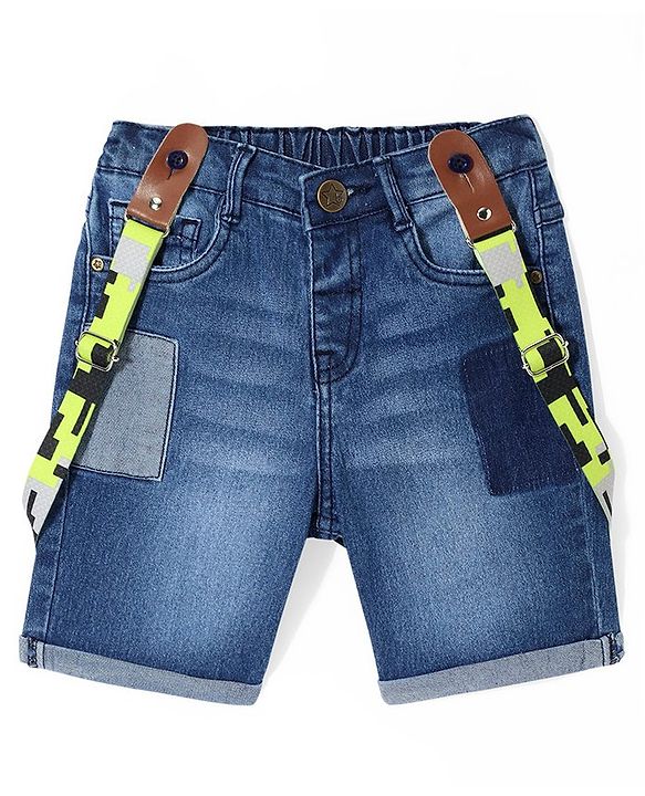 Babyhug Knee Length Washed Denim Bermuda with Suspenders - Dark Blue
