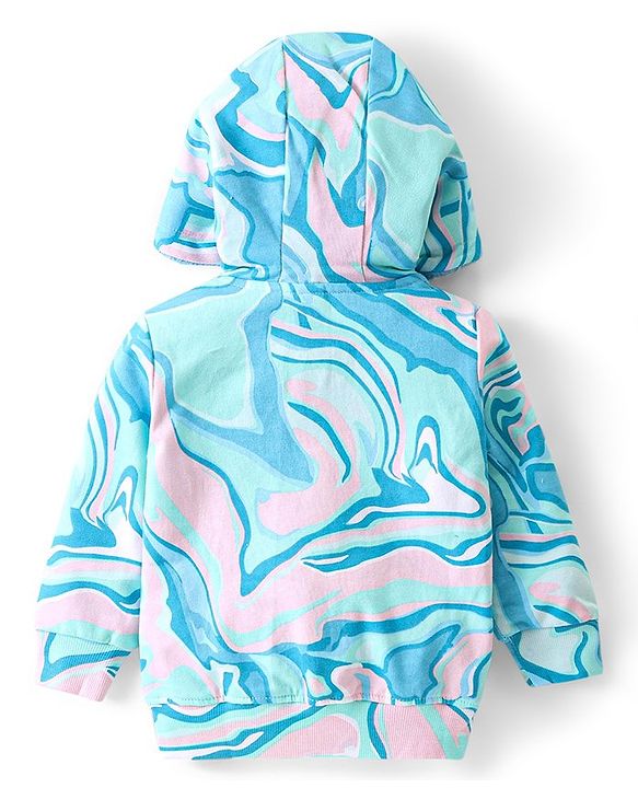Babyhug Woven Full Sleeves Hooded Jacket With Abstract Design & Kitty Patch Detailing - Blue