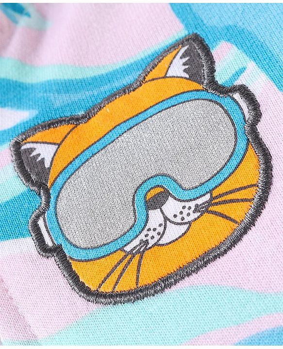 Babyhug Woven Full Sleeves Hooded Jacket With Abstract Design & Kitty Patch Detailing - Blue