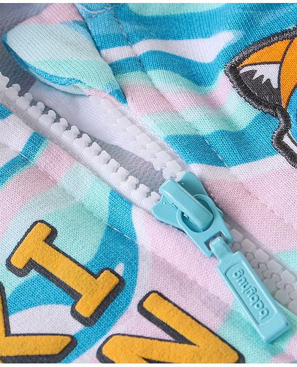 Babyhug Woven Full Sleeves Hooded Jacket With Abstract Design & Kitty Patch Detailing - Blue