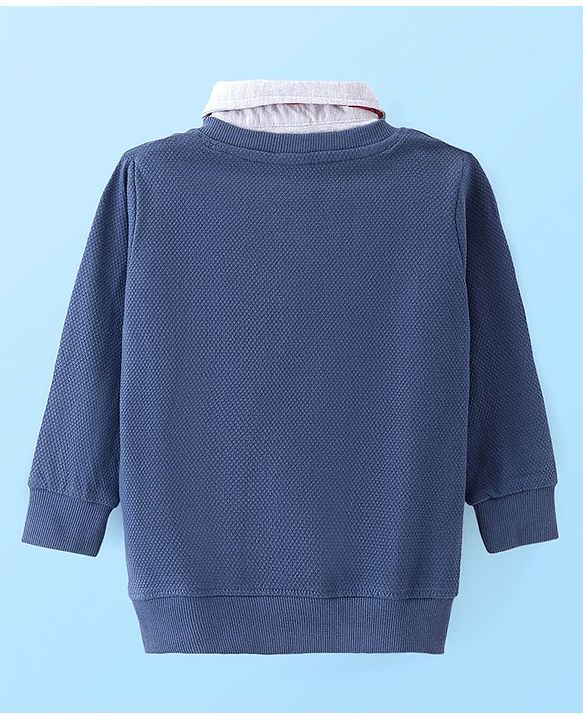 Babyhug Cotton Knit Full Sleeves Collar Neck Sweatshirts With Text Embroidery & Tie - Navy Blue