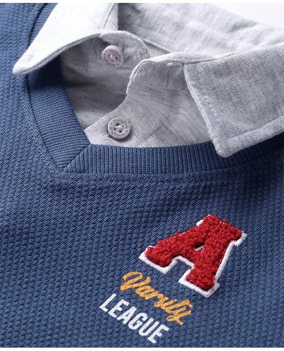 Babyhug Cotton Knit Full Sleeves Collar Neck Sweatshirts With Text Embroidery & Tie - Navy Blue