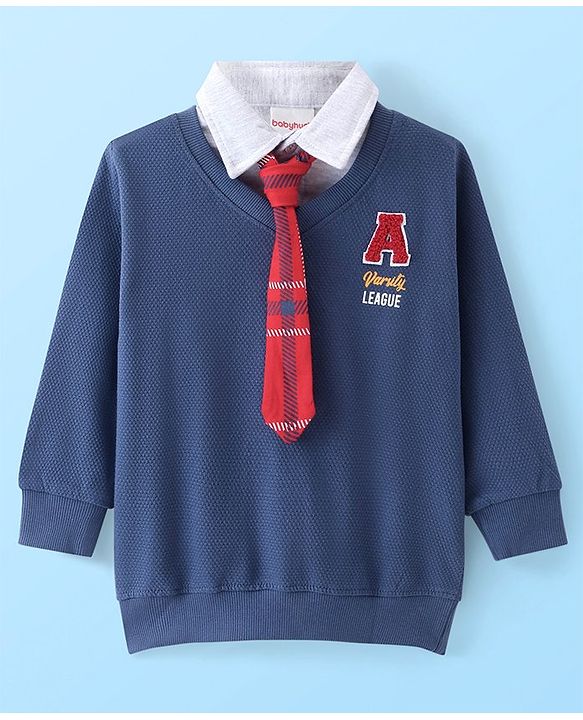 Babyhug Cotton Knit Full Sleeves Collar Neck Sweatshirts With Text Embroidery & Tie - Navy Blue