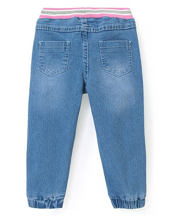 Babyhug Full Length Stretchable Denim Washed Joggers with Floral Embroidery - Blue
