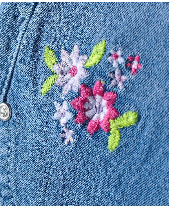 Babyhug Full Length Stretchable Denim Washed Joggers with Floral Embroidery - Blue