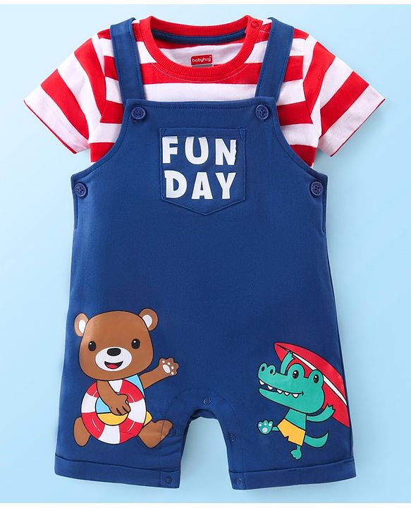 Babyhug Single Jersey Knit Striped  Half Sleeves T-Shirt with Bear Printed Dungaree - Red & Blue