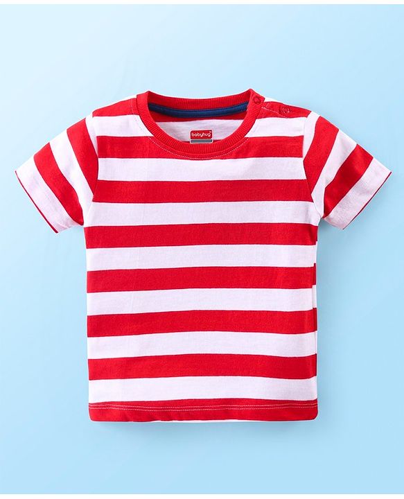 Babyhug Single Jersey Knit Striped  Half Sleeves T-Shirt with Bear Printed Dungaree - Red & Blue
