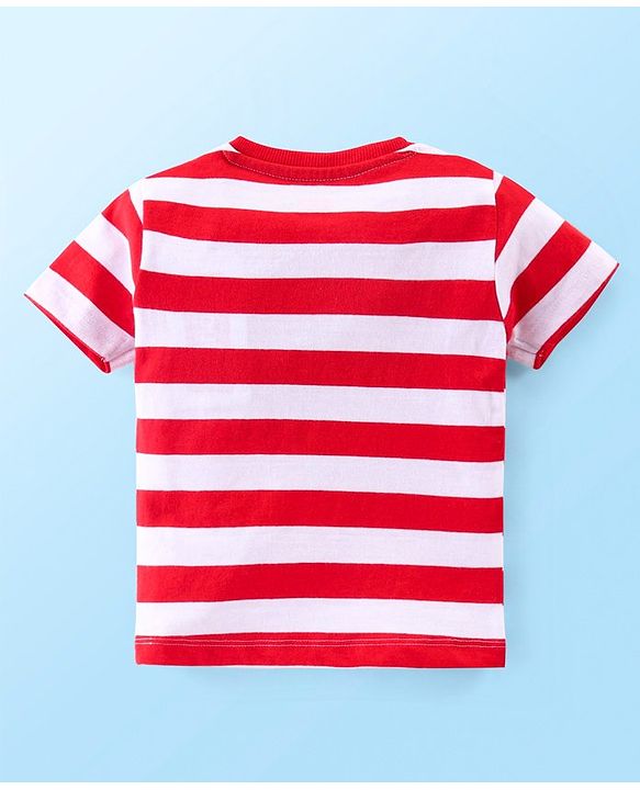 Babyhug Single Jersey Knit Striped  Half Sleeves T-Shirt with Bear Printed Dungaree - Red & Blue