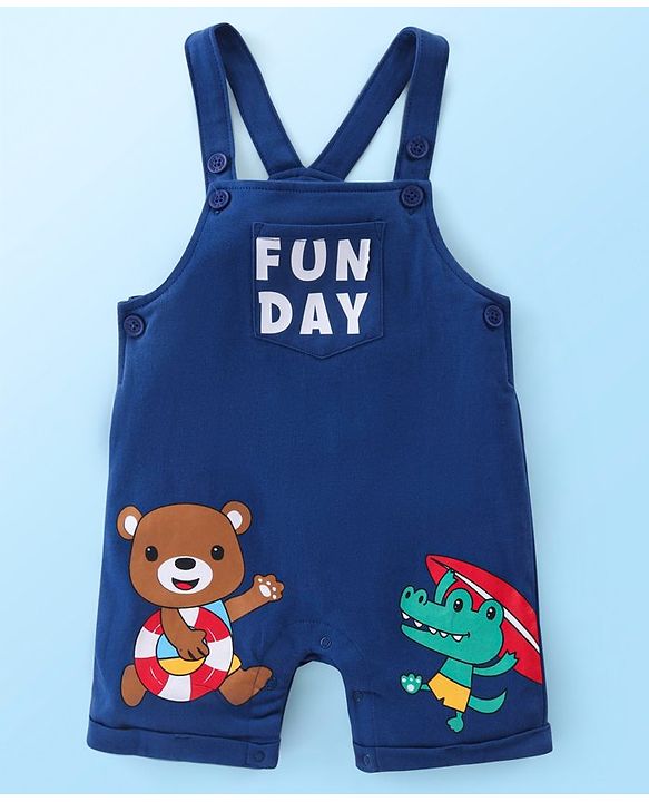 Babyhug Single Jersey Knit Striped  Half Sleeves T-Shirt with Bear Printed Dungaree - Red & Blue
