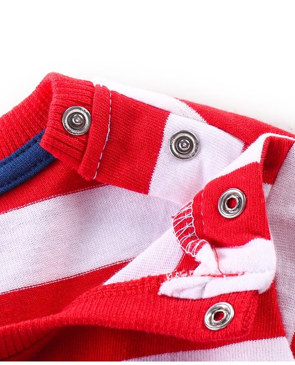 Babyhug Single Jersey Knit Striped  Half Sleeves T-Shirt with Bear Printed Dungaree - Red & Blue