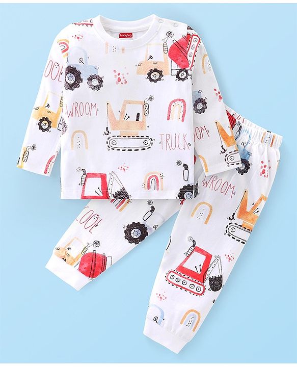 Babyhug Cotton Knit Full Sleeves Night Suit with Construction Vehicle Print - White