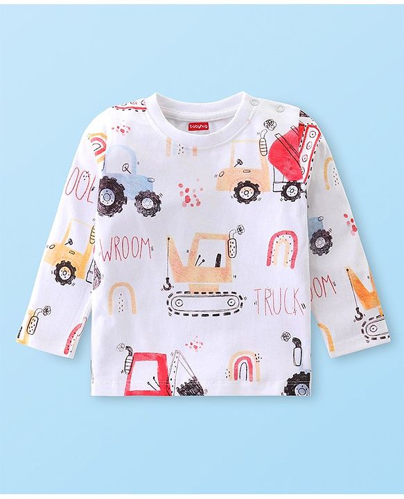 Babyhug Cotton Knit Full Sleeves Night Suit with Construction Vehicle Print - White