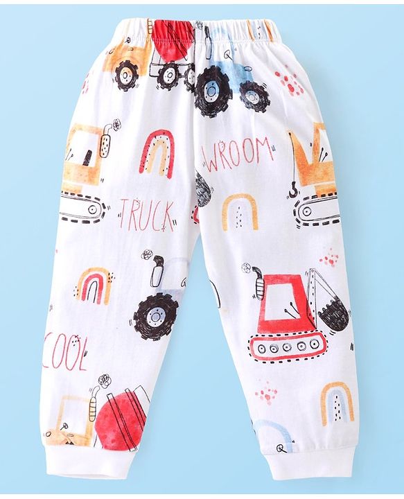 Babyhug Cotton Knit Full Sleeves Night Suit with Construction Vehicle Print - White