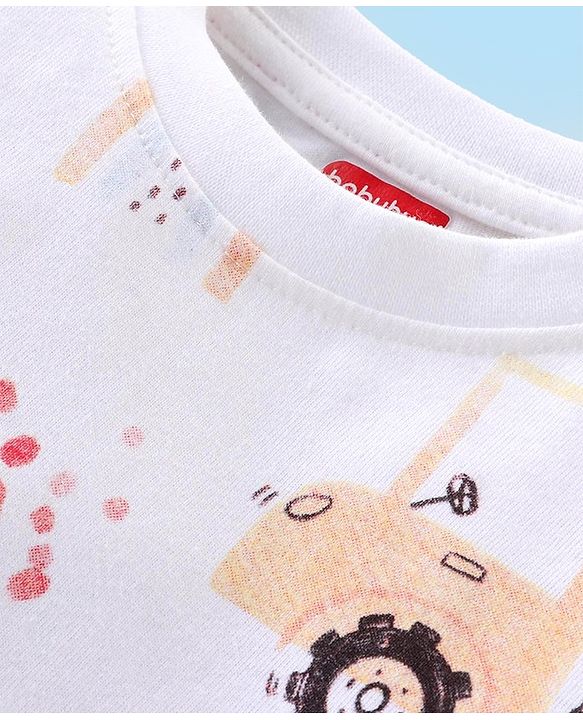 Babyhug Cotton Knit Full Sleeves Night Suit with Construction Vehicle Print - White