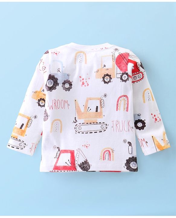Babyhug Cotton Knit Full Sleeves Night Suit with Construction Vehicle Print - White