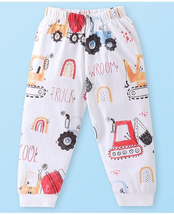 Babyhug Cotton Knit Full Sleeves Night Suit with Construction Vehicle Print - White