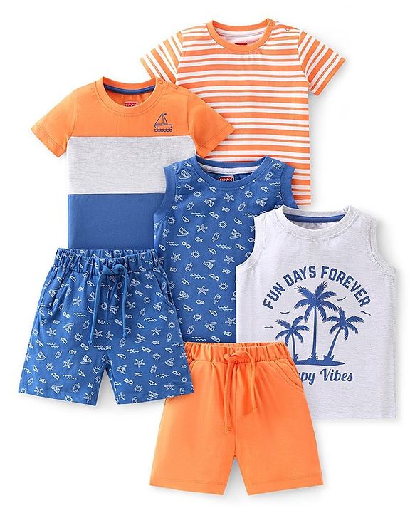 Babyhug Cotton Knit Half Sleeves T-Shirt & Shorts Set With Beach Theme Pack Of 6 - Multicolor