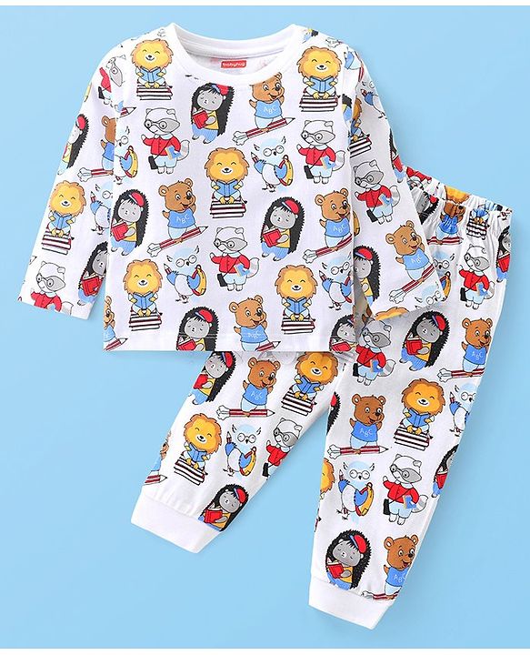 Babyhug Cotton Knit Full Sleeves Night Suit with Lion & Beat Print - White