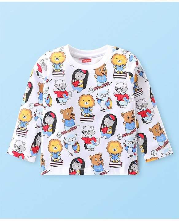 Babyhug Cotton Knit Full Sleeves Night Suit with Lion & Beat Print - White