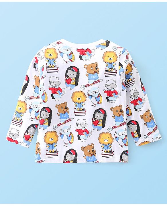 Babyhug Cotton Knit Full Sleeves Night Suit with Lion & Beat Print - White