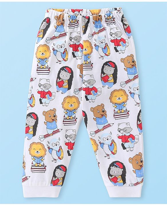 Babyhug Cotton Knit Full Sleeves Night Suit with Lion & Beat Print - White