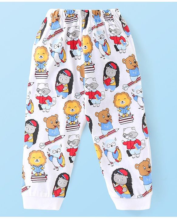Babyhug Cotton Knit Full Sleeves Night Suit with Lion & Beat Print - White