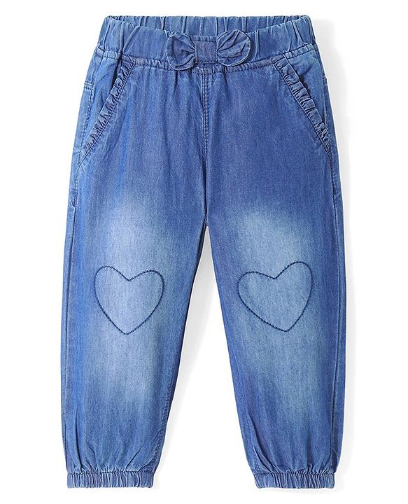Babyhug  Denim  Full Length Joggers with Bow Detailing & Heart Print- Blue