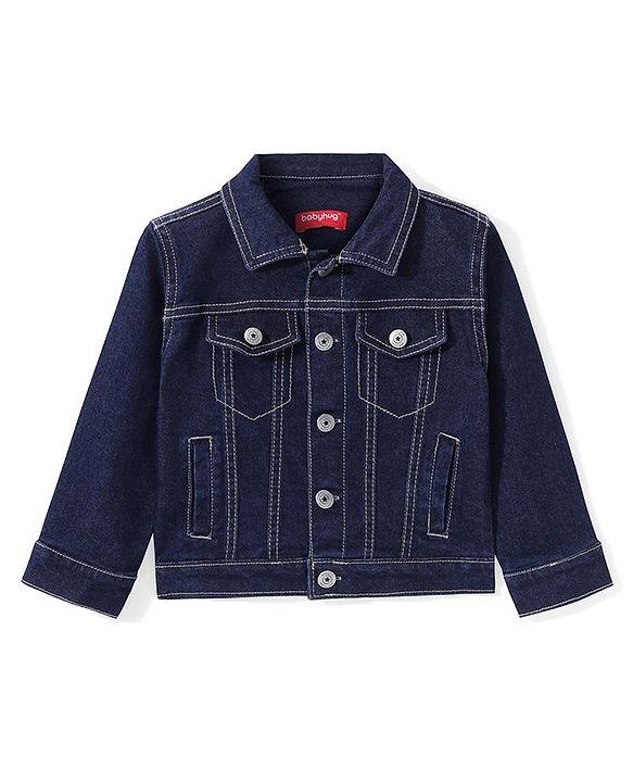 Babyhug Full Sleeves Collar Neck Washed Denim Jacket - Dark Blue