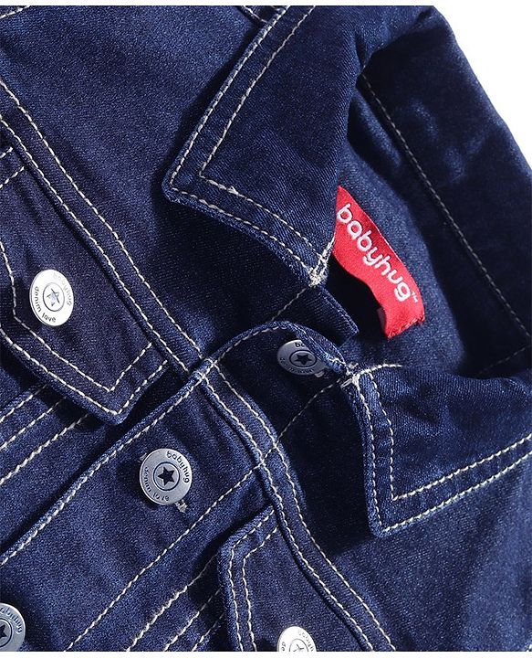 Babyhug Full Sleeves Collar Neck Washed Denim Jacket - Dark Blue