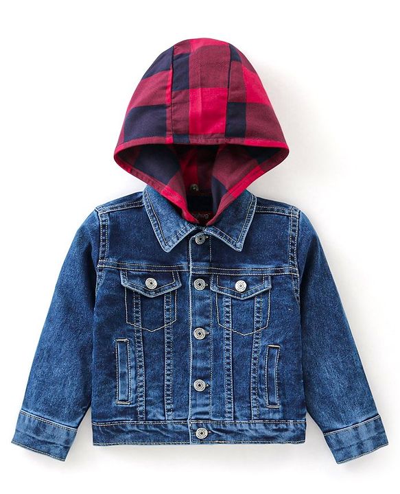 Babyhug Full Sleeves Collar Neck Washed Denim Jacket With Detachable Hood - Blue
