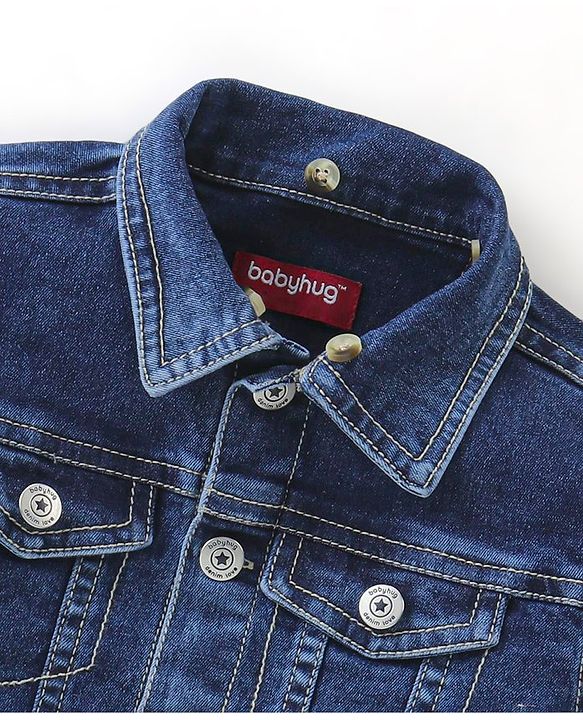 Babyhug Full Sleeves Collar Neck Washed Denim Jacket With Detachable Hood - Blue
