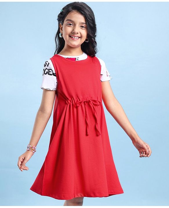Pine Kids Cotton Knit Frock With Half Sleeves Inner Tee Text Printed - Red & White