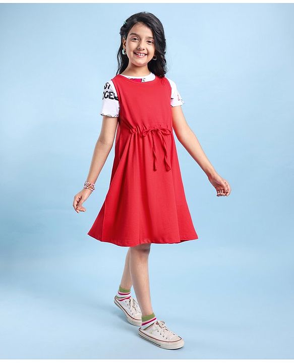 Pine Kids Cotton Knit Frock With Half Sleeves Inner Tee Text Printed - Red & White