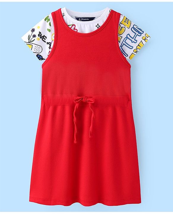 Pine Kids Cotton Knit Frock With Half Sleeves Inner Tee Text Printed - Red & White