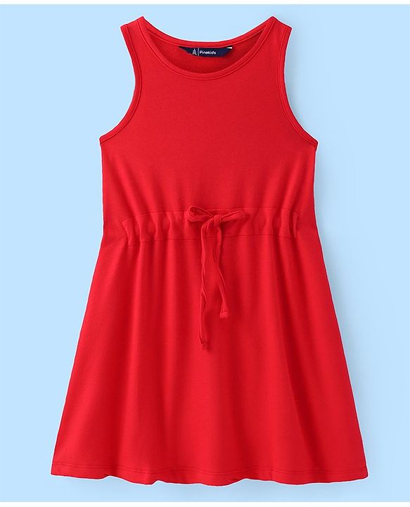 Pine Kids Cotton Knit Frock With Half Sleeves Inner Tee Text Printed - Red & White