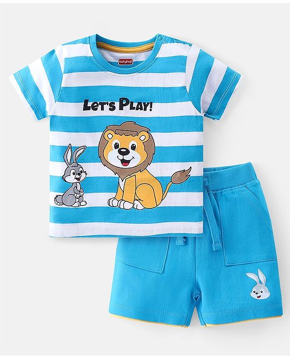 Babyhug Cotton Knit Half Sleeves Striped T-Shirt & Shorts Set With Lion & Bunny Print - Blue