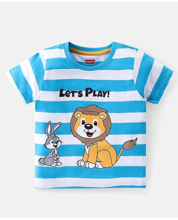 Babyhug Cotton Knit Half Sleeves Striped T-Shirt & Shorts Set With Lion & Bunny Print - Blue