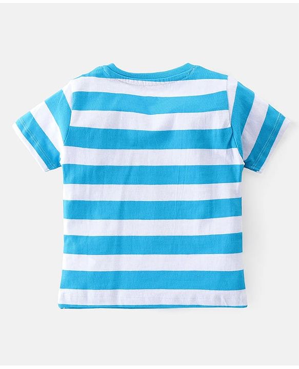 Babyhug Cotton Knit Half Sleeves Striped T-Shirt & Shorts Set With Lion & Bunny Print - Blue