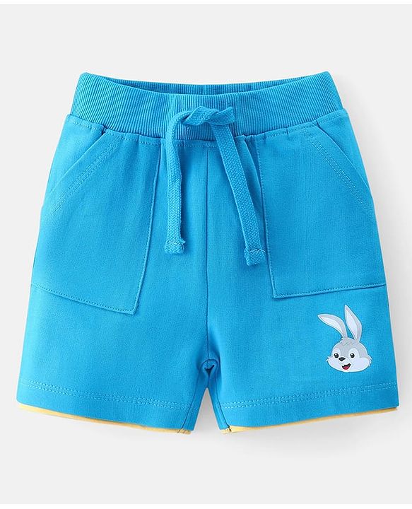 Babyhug Cotton Knit Half Sleeves Striped T-Shirt & Shorts Set With Lion & Bunny Print - Blue