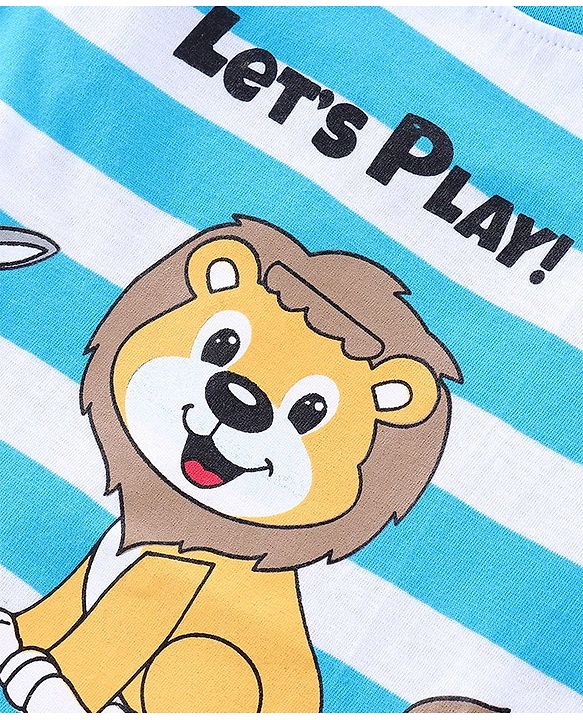 Babyhug Cotton Knit Half Sleeves Striped T-Shirt & Shorts Set With Lion & Bunny Print - Blue