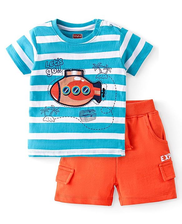 Babyhug Cotton Knit Half Sleeves T-Shirt & Shorts Set With Submarine Print - Blue & Orange