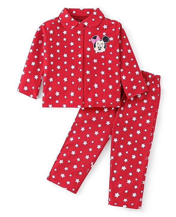 Babyhug Disney Single Jersey Full Sleeves Front Open Night Suit with Star & Minnie Mouse Print - Red