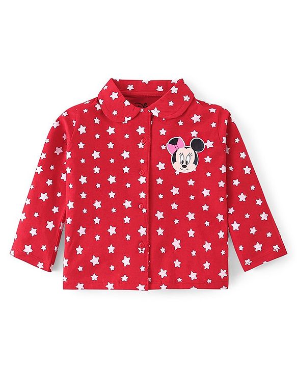Babyhug Disney Single Jersey Full Sleeves Front Open Night Suit with Star & Minnie Mouse Print - Red