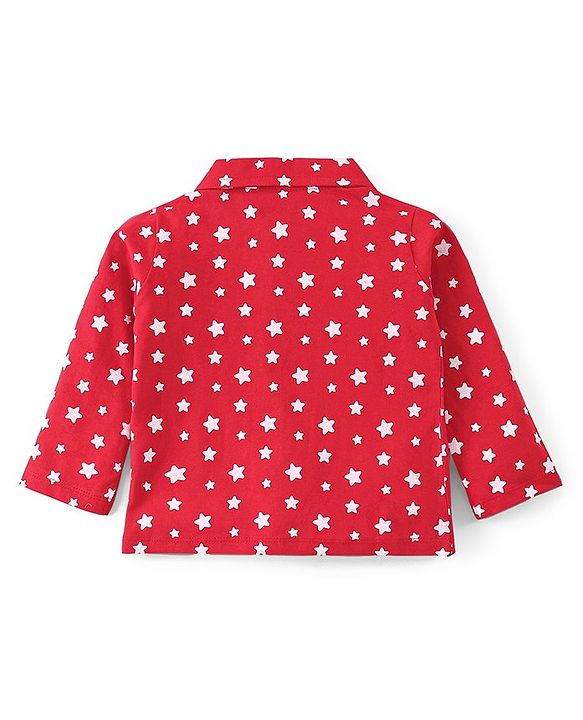 Babyhug Disney Single Jersey Full Sleeves Front Open Night Suit with Star & Minnie Mouse Print - Red