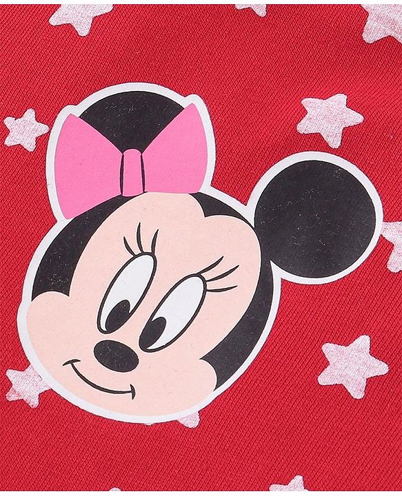 Babyhug Disney Single Jersey Full Sleeves Front Open Night Suit with Star & Minnie Mouse Print - Red