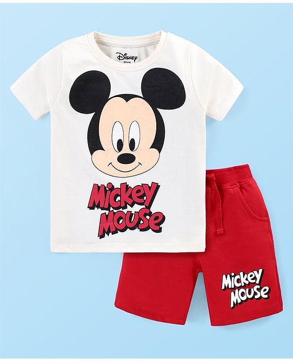 Babyhug Disney Cotton Knit Half Sleeves T-Shirt & Shorts Set With Mickey Mouse Print - White & Red
