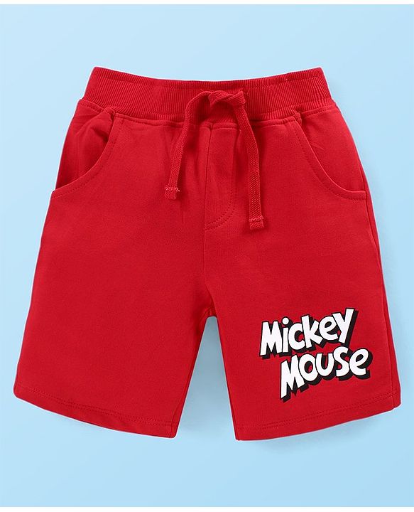 Babyhug Disney Cotton Knit Half Sleeves T-Shirt & Shorts Set With Mickey Mouse Print - White & Red